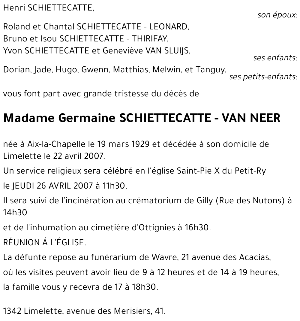 Germaine SCHIETTECATTE - VAN NEER