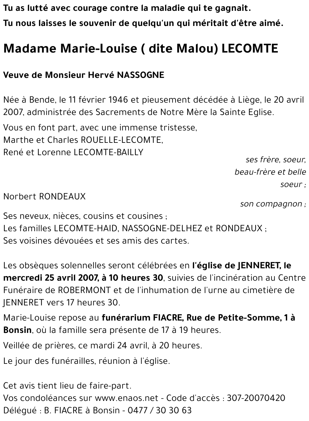 Marie-Louise ( dite Malou) LECOMTE