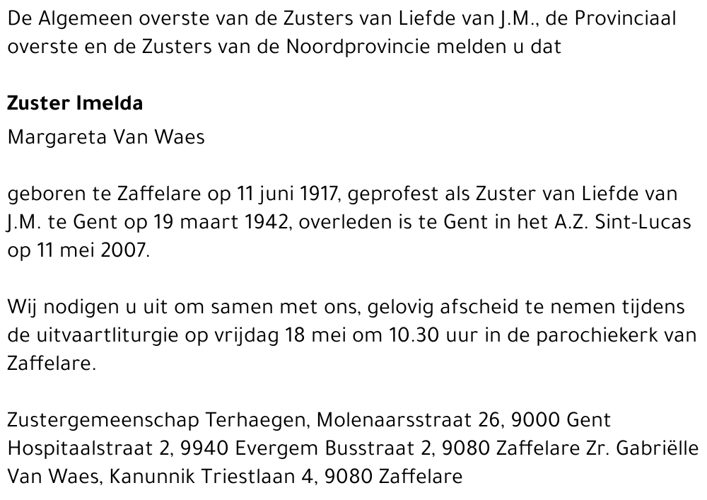 Zuster Imelda Margareta Van Waes