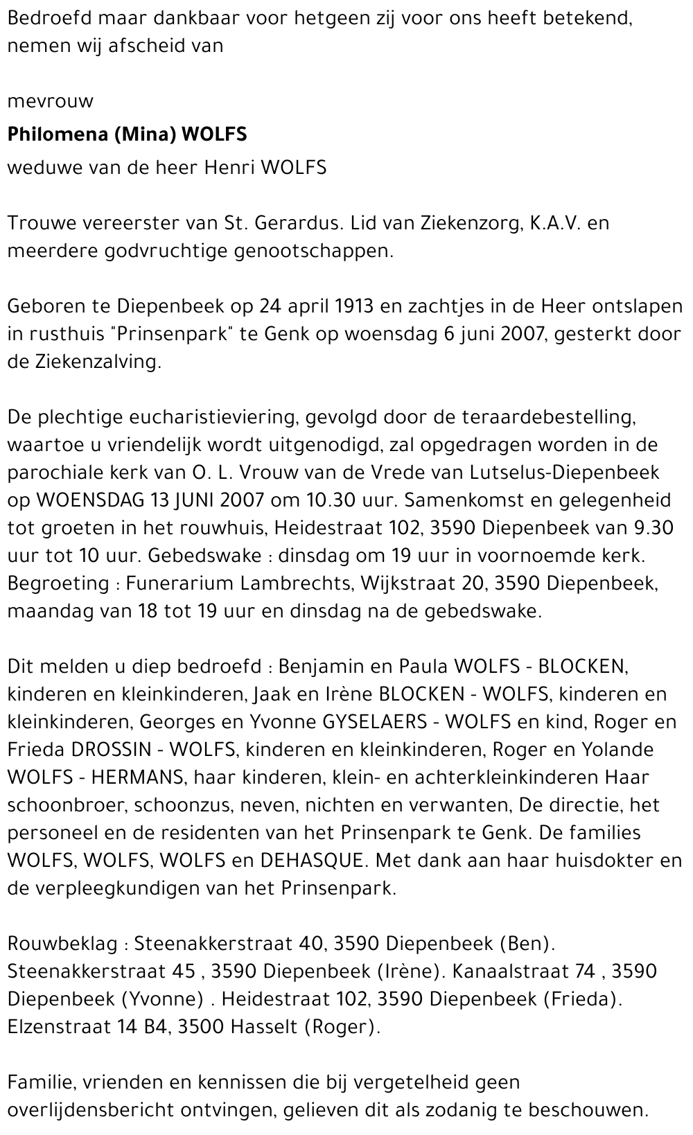 Philomena (Mina) WOLFS