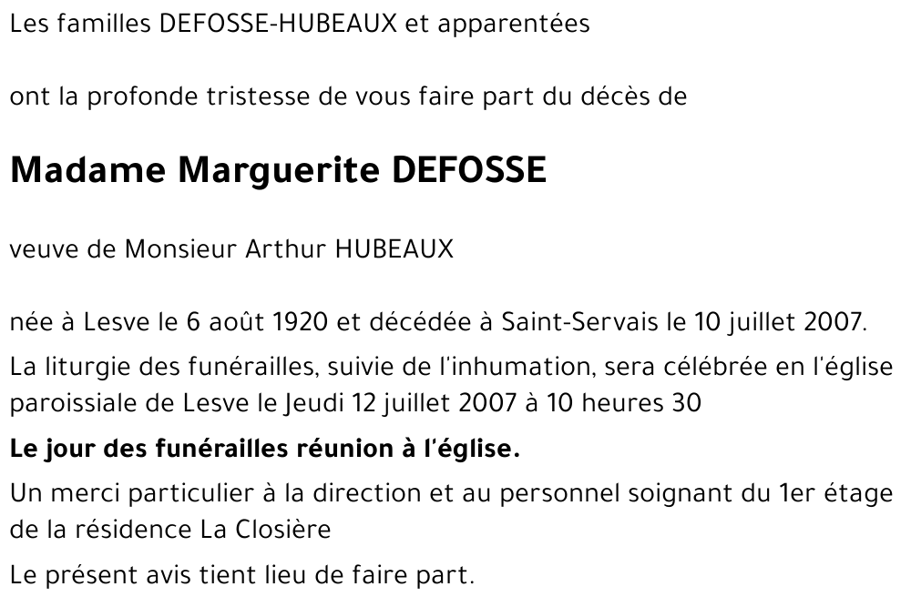 Marguerite DEFOSSE