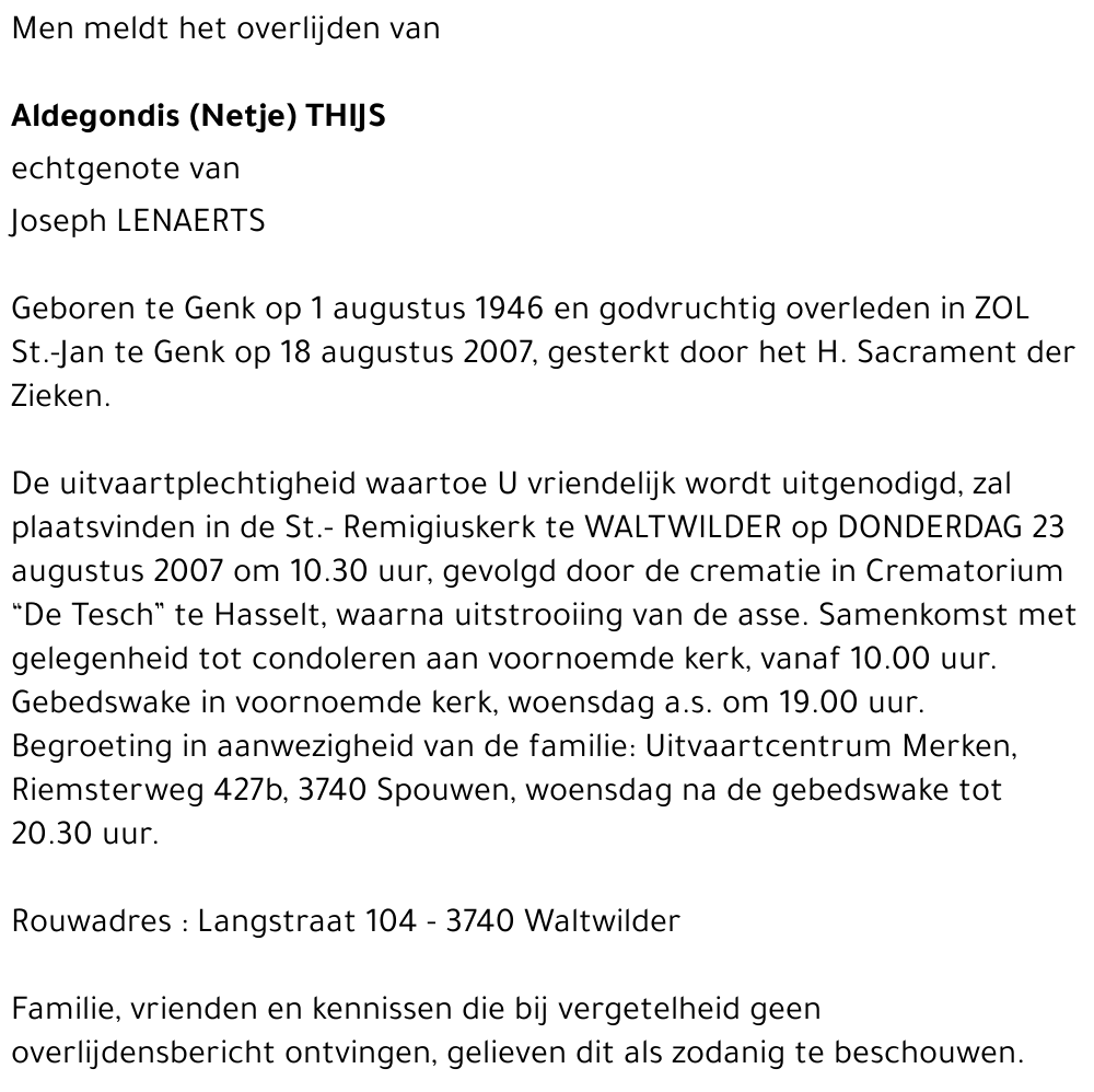 Aldegondis (Netje) Thijs