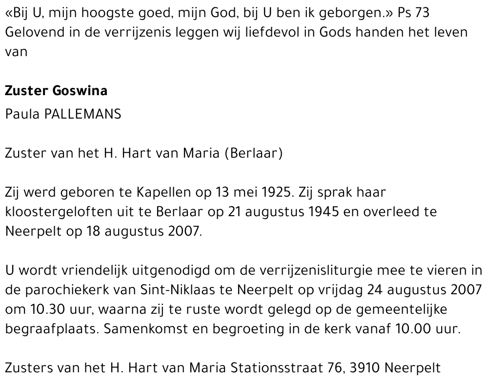 Zuster Goswina Paula Pallemans