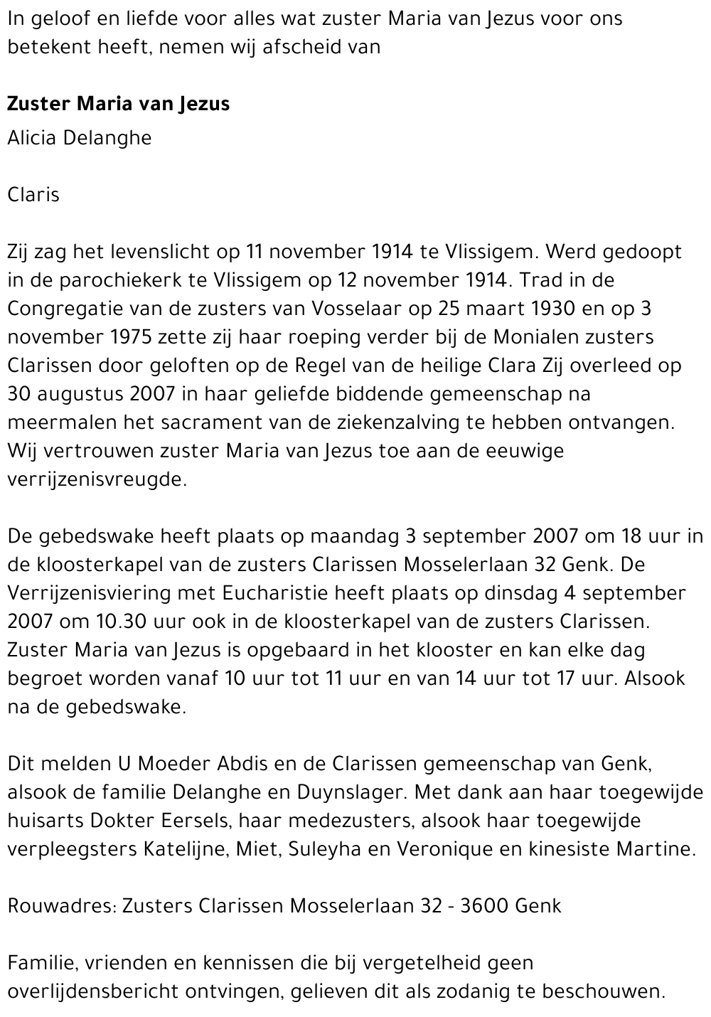 Zuster Maria van Jezus Alicia Delanghe