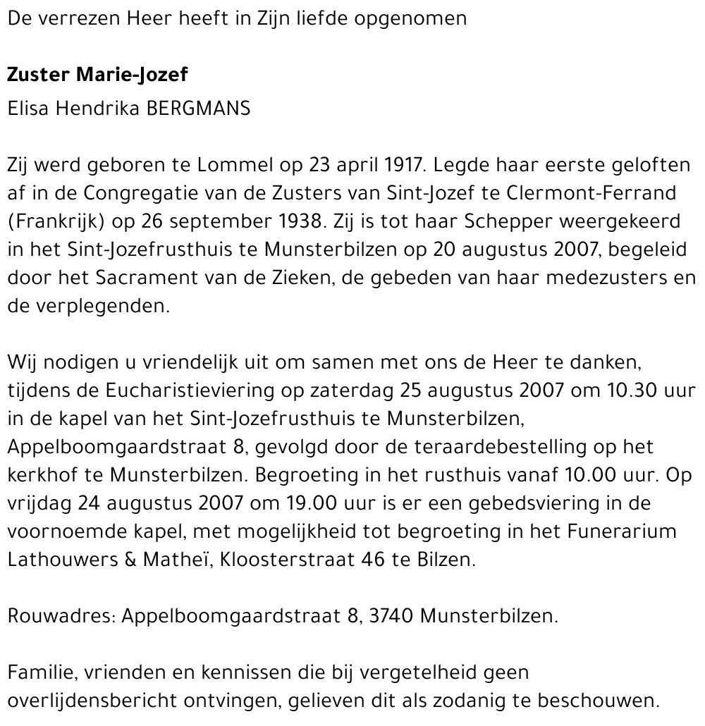 Zuster Marie-Jozef Elisa Hendrika Bergmans