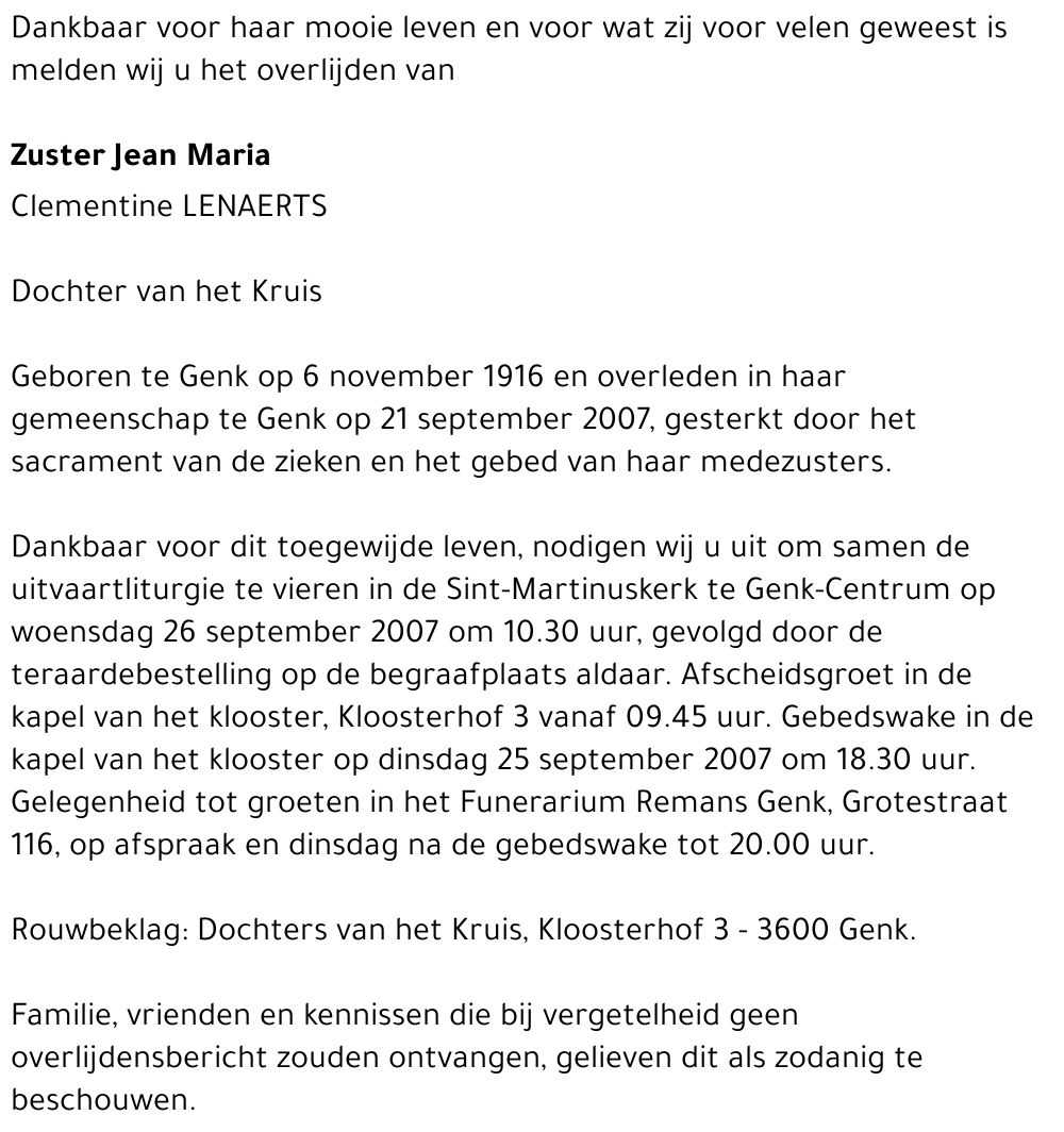 Zuster Jean Maria Clementine Lenaerts