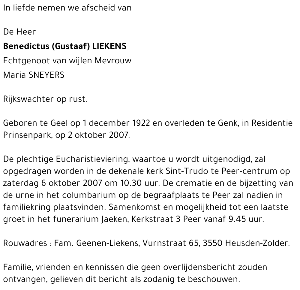 Benedictus , gustaaf Liekens