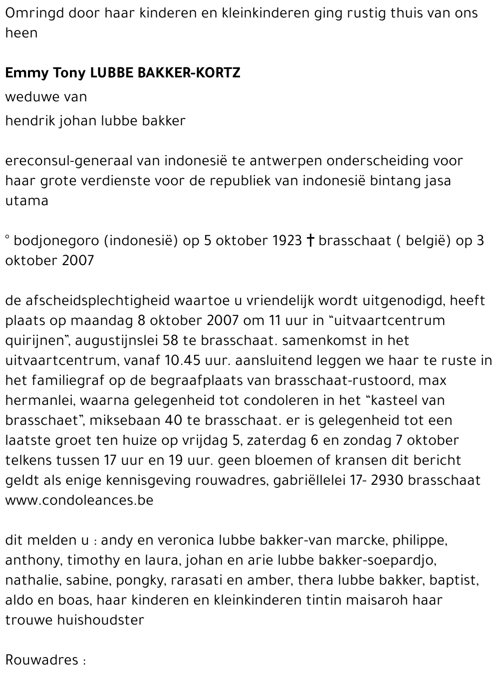 Emma Tony LUBBE BAKKER-KORTZ