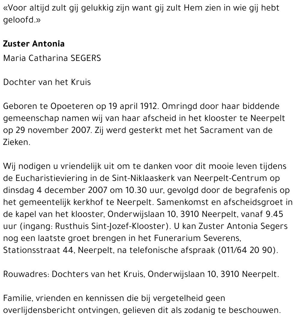 Zuster Antonia Maria Catharina Segers