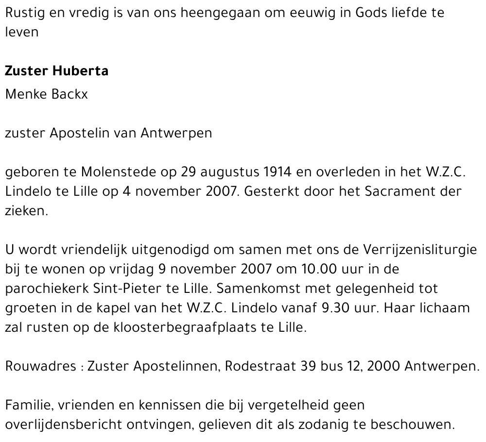 Zuster Huberta Menke Backx