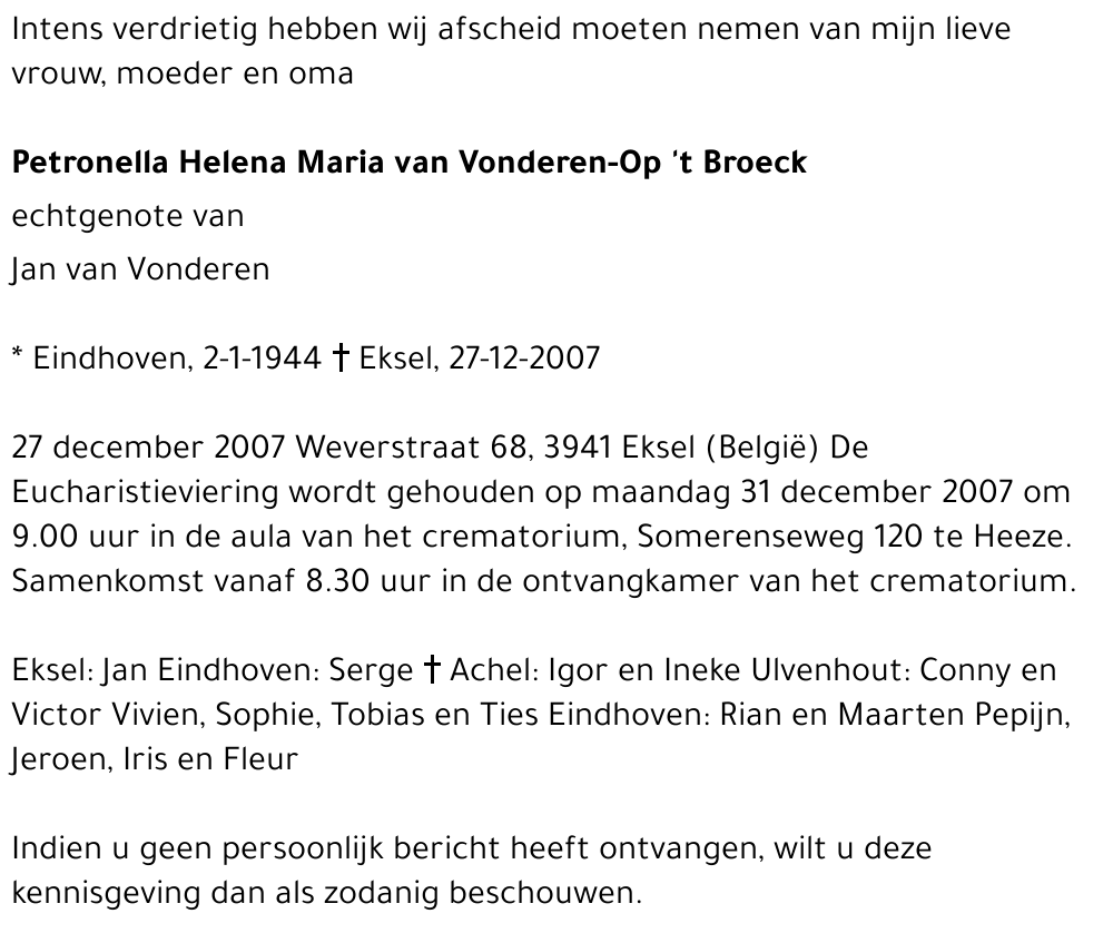 Petronella Helena Maria (Elly) van Vonderen-Op 't Broeck