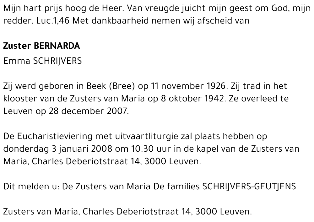 Zuster BERNARDA Emma SCHRIJVERS