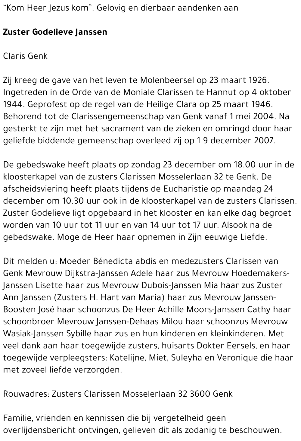 Zuster Godelieve Janssen Janssen