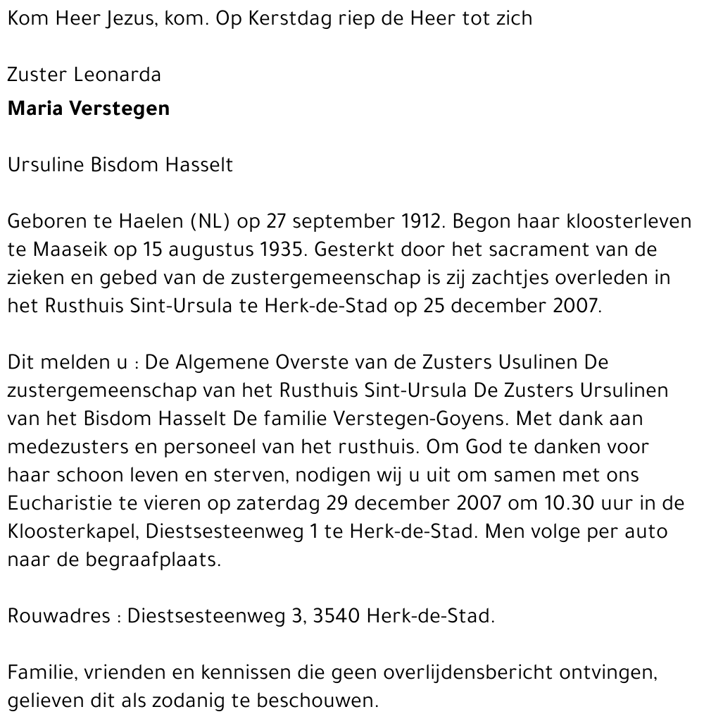 Zuster Leonarda, Maria Verstegen