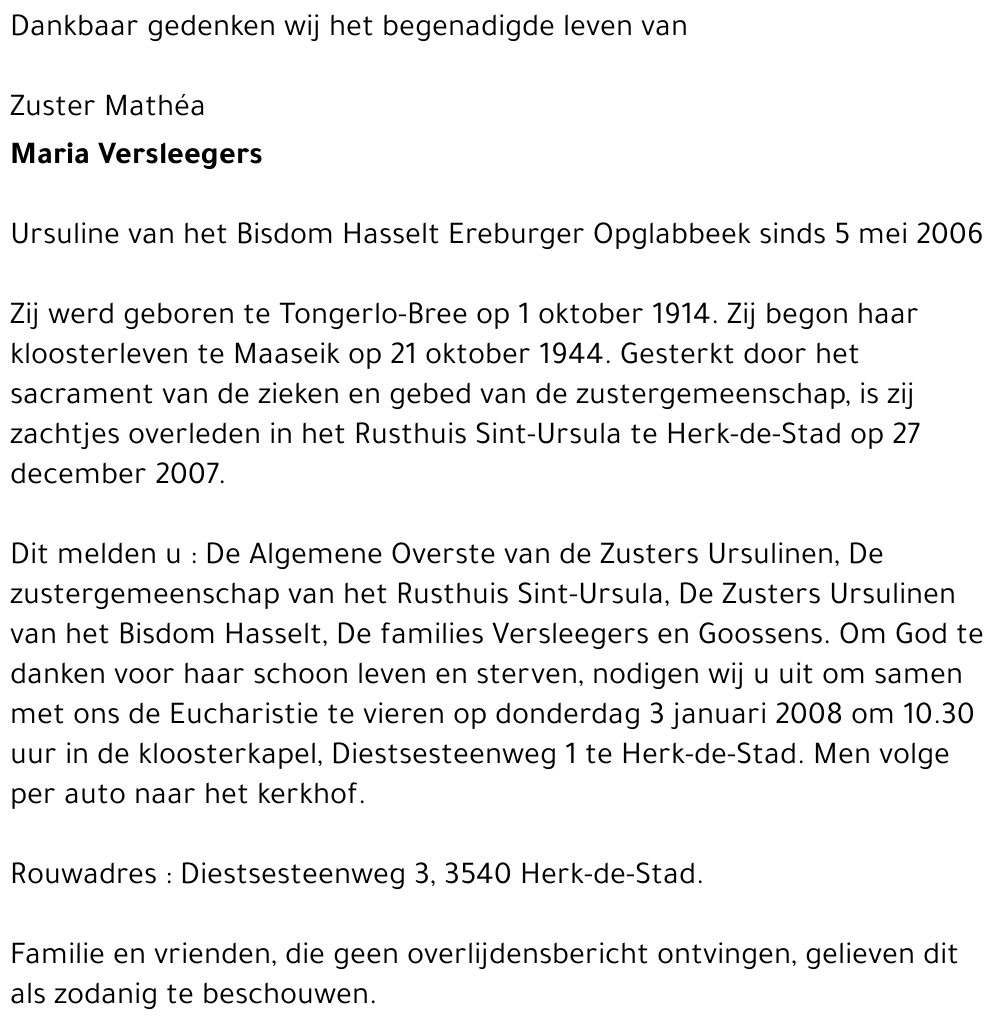 Zuster Mathéa, Maria Versleegers