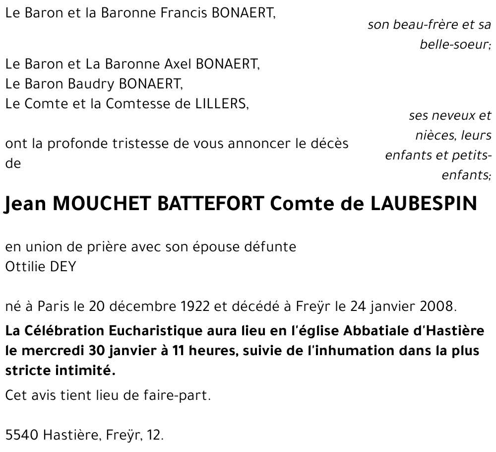 Jean MOUCHET BATTEFORT Comte de LAUBESPIN