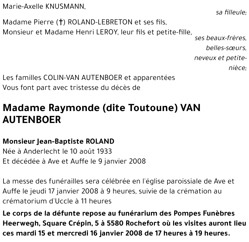 Raymonde (dite Toutoune) VAN AUTENBOER