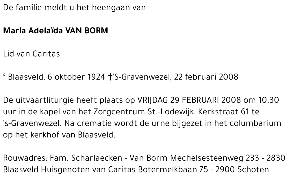 Maria Adelaïda VAN BORM