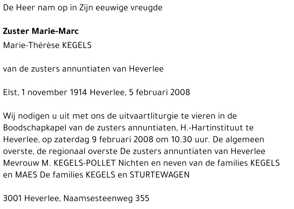 Zuster Marie-Marc Marie-Thérèse Kegels