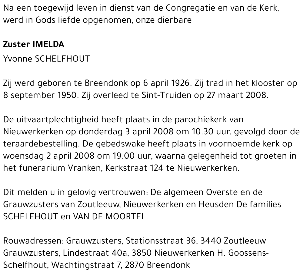 Zuster Imelda Yvonne Schelfhout