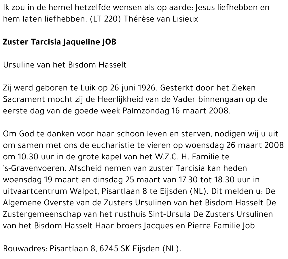 Zuster Tarcisia Jaqueline Job