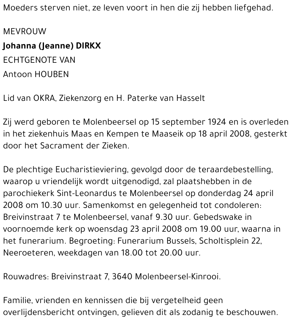 Johanna (Jeanne) Dirkx