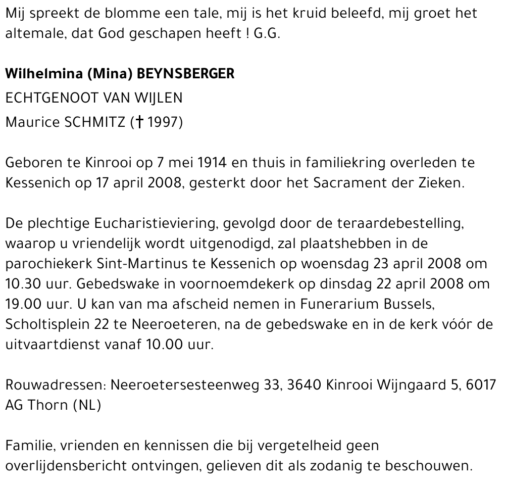 Wilhelmina (Mina) Beynsberger