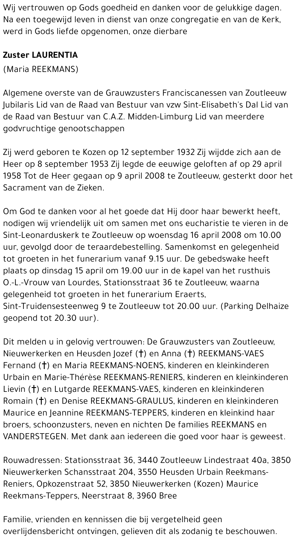 Zuster Laurentia (Maria Reekmans)