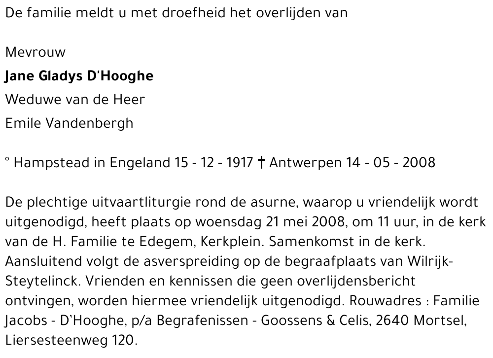Jane Gladys D'Hooghe