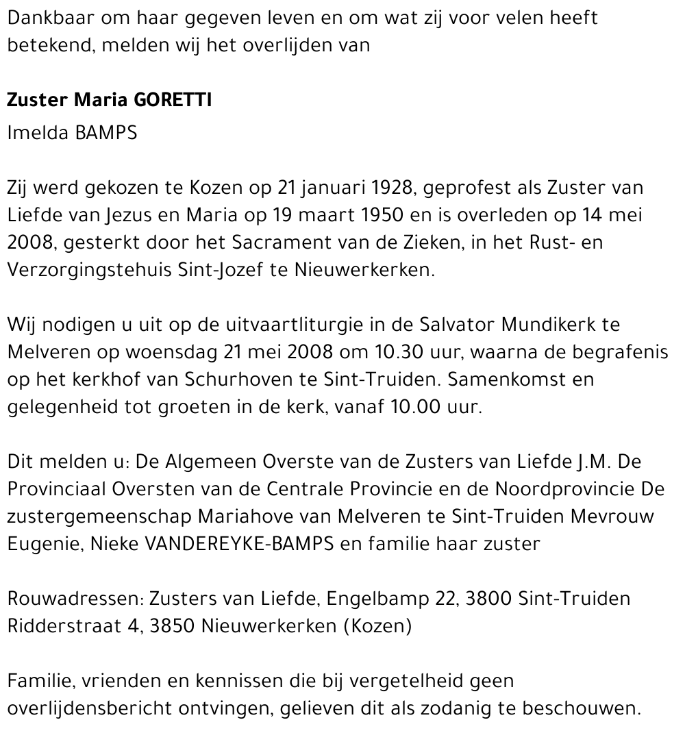 Zuster Maria Goretti Imelda Bamps