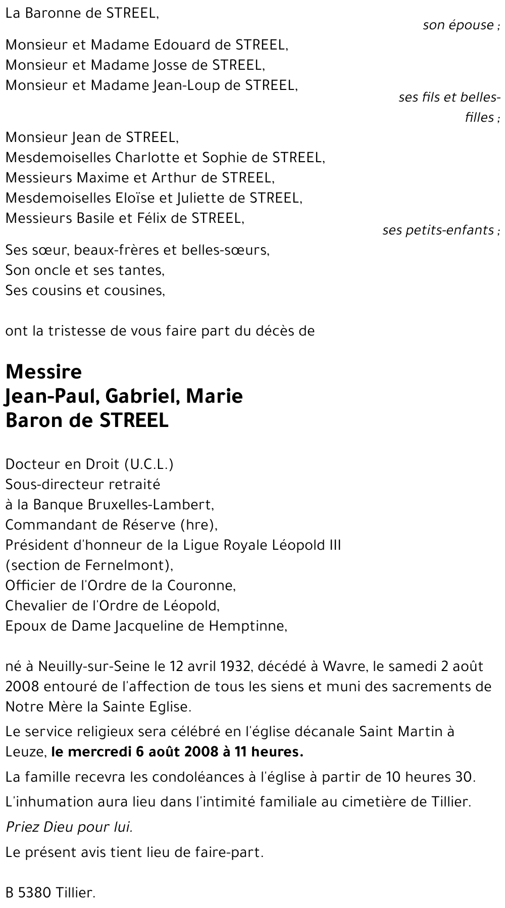 Jean-Paul, Gabriel, Marie de STREEL