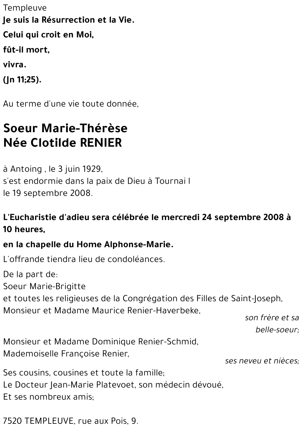 Soeur Marie-Thérèse Née Clotilde RENIER