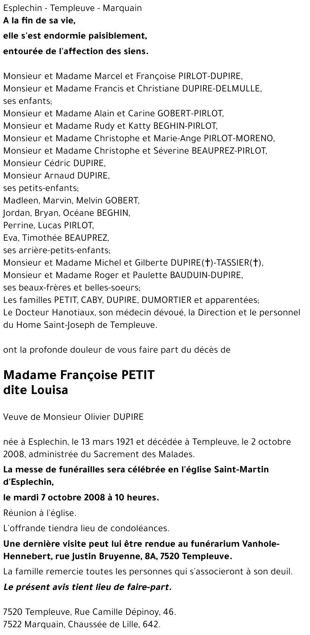 Françoise dite Louisa PETIT