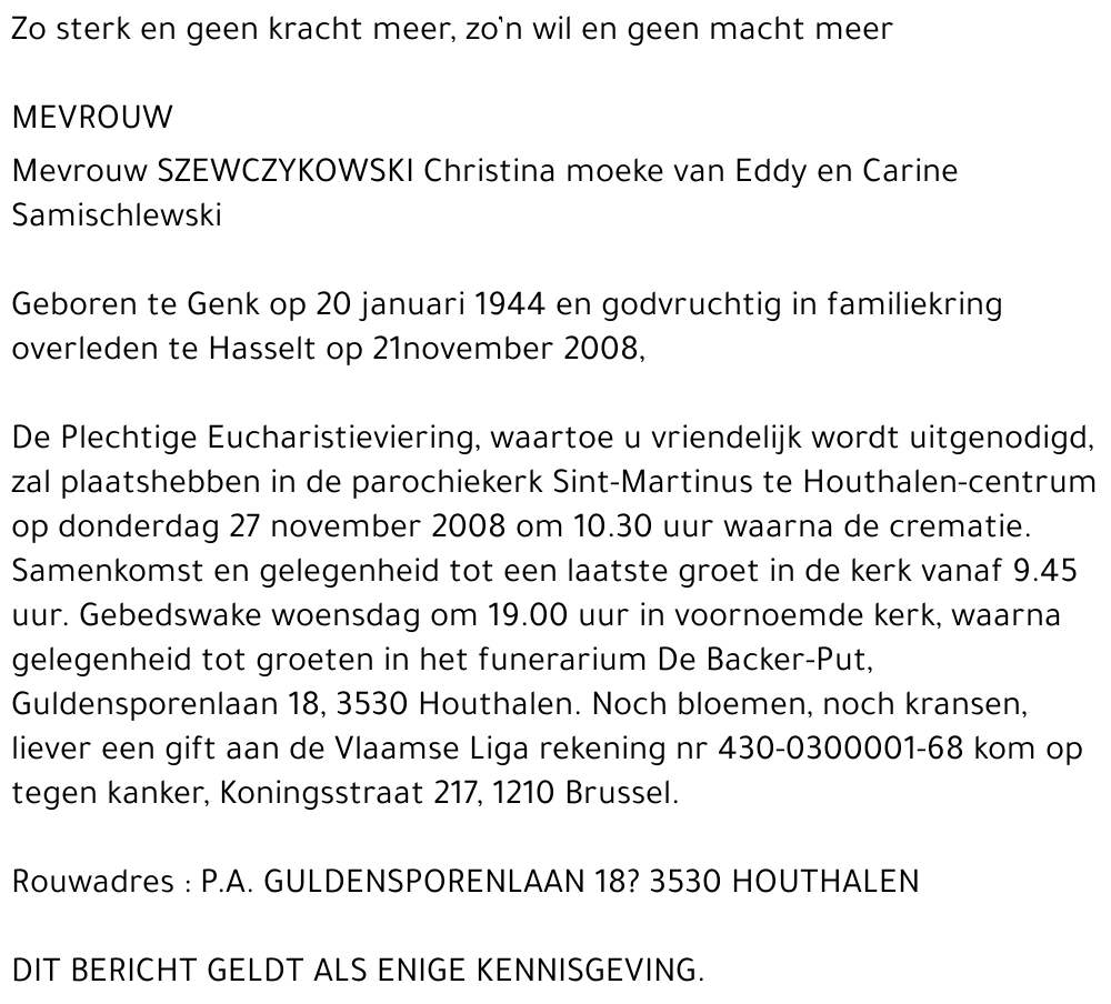 CHRISTINA SZEWCZYKOWSKI