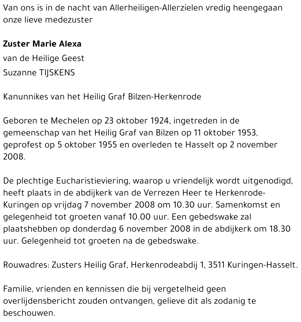 Zuster Marie Alexa Suzanne Tijskens