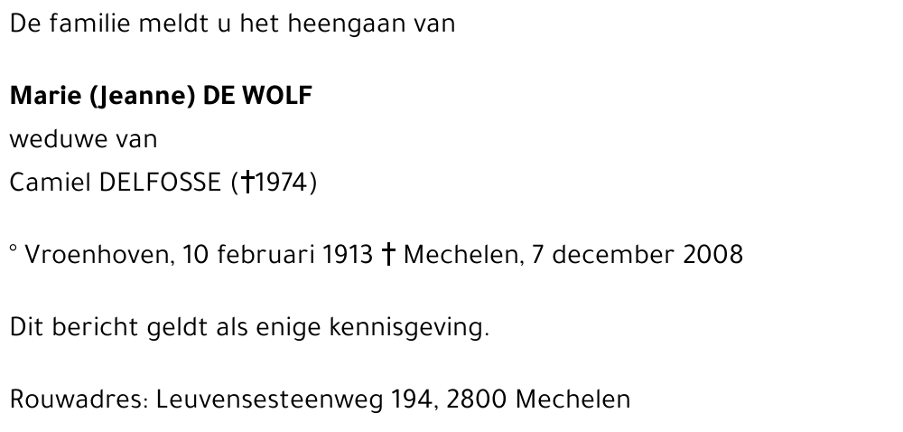 Maria (Jeanne) DE WOLF