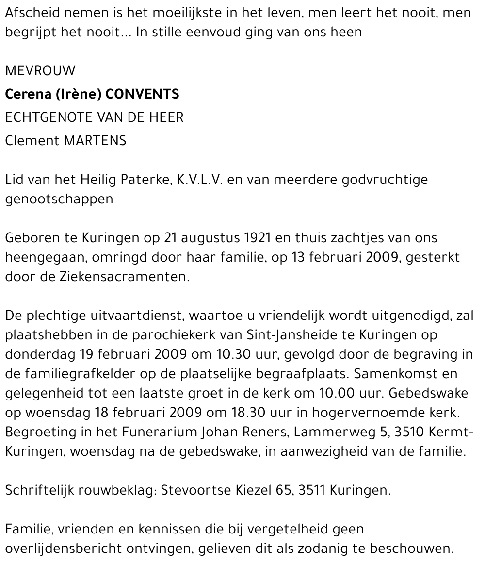 Cerena (Irène) Convents