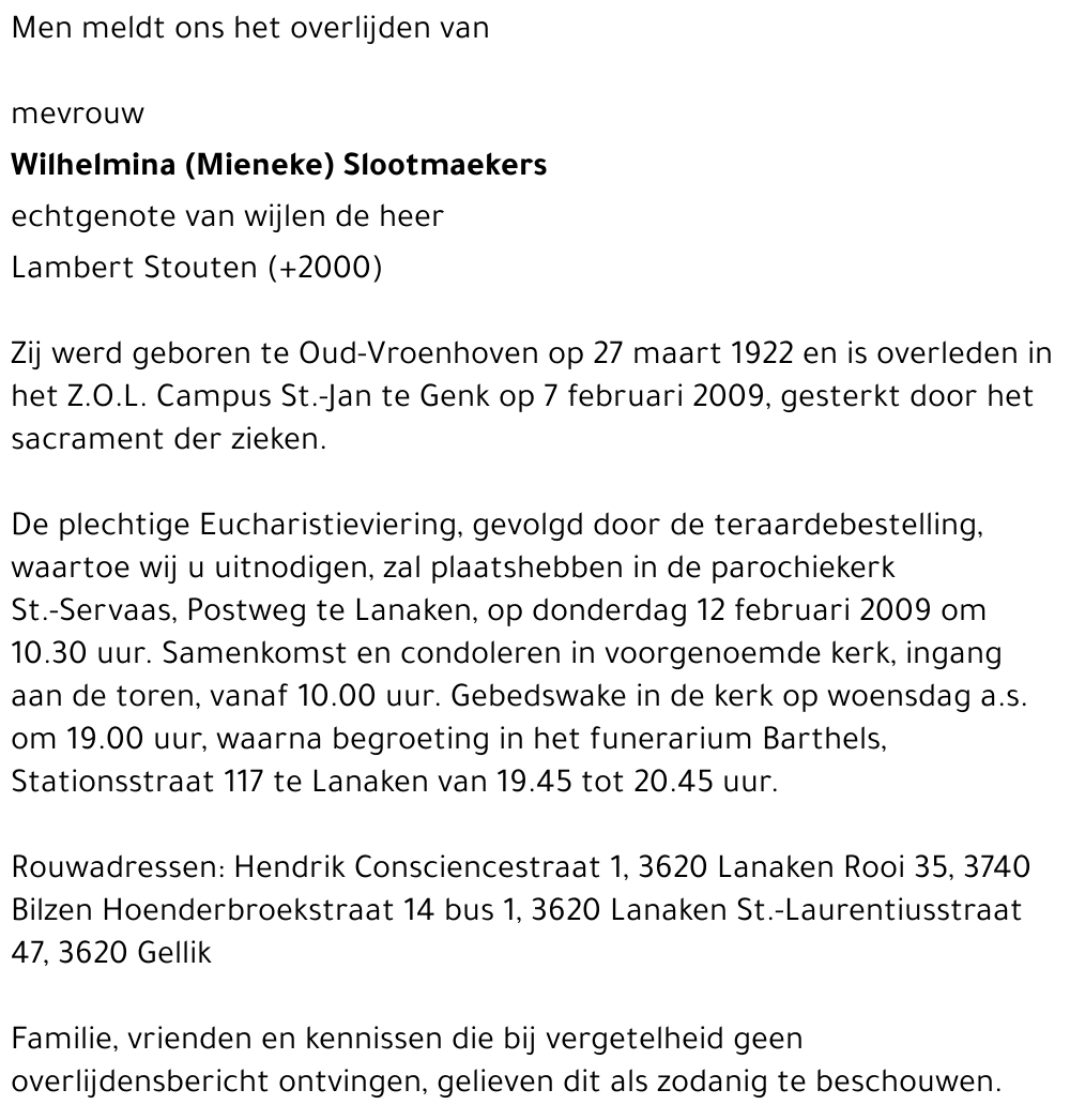 Wilhelmina (Mieneke) Slootmaekers