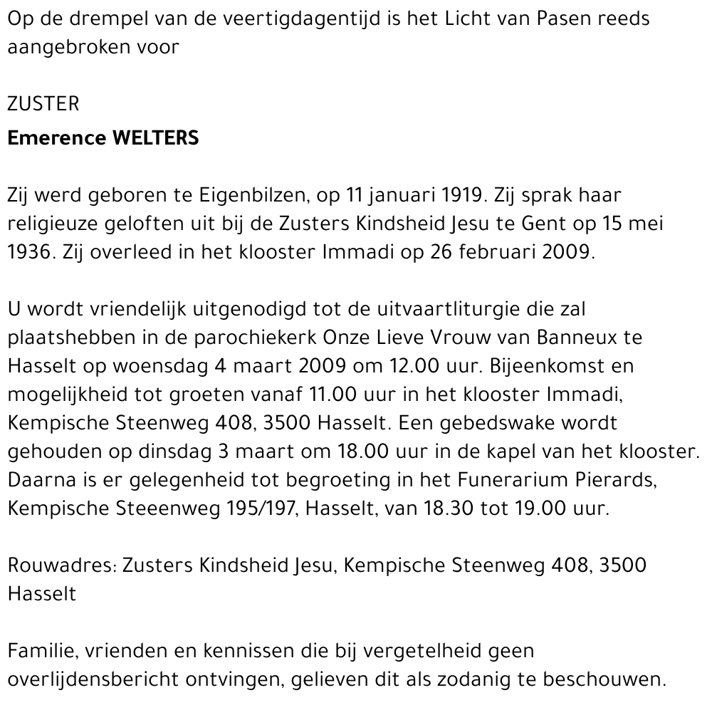 Zuster Emerence WELTERS