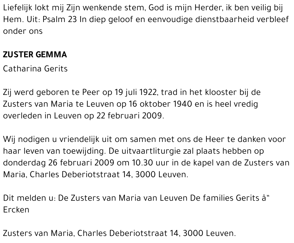 Zuster Gemma Catharina Gerits
