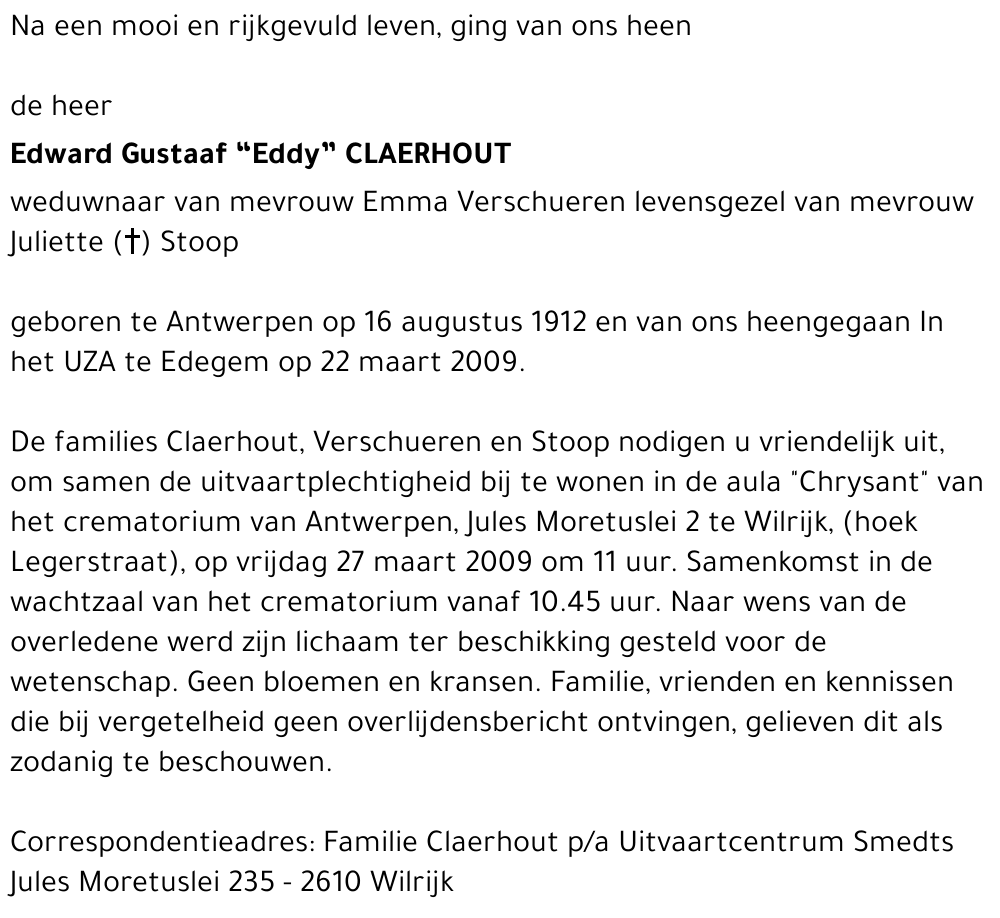 EDWARD GUSTAAF EDDY CLAERHOUT
