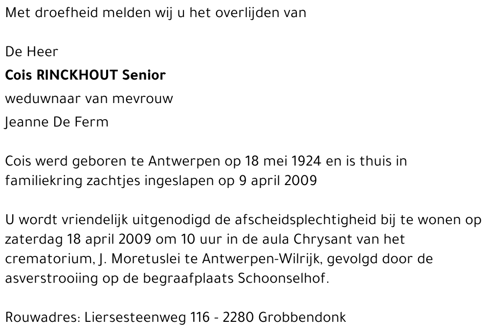 Cois Rinckhout Senoir