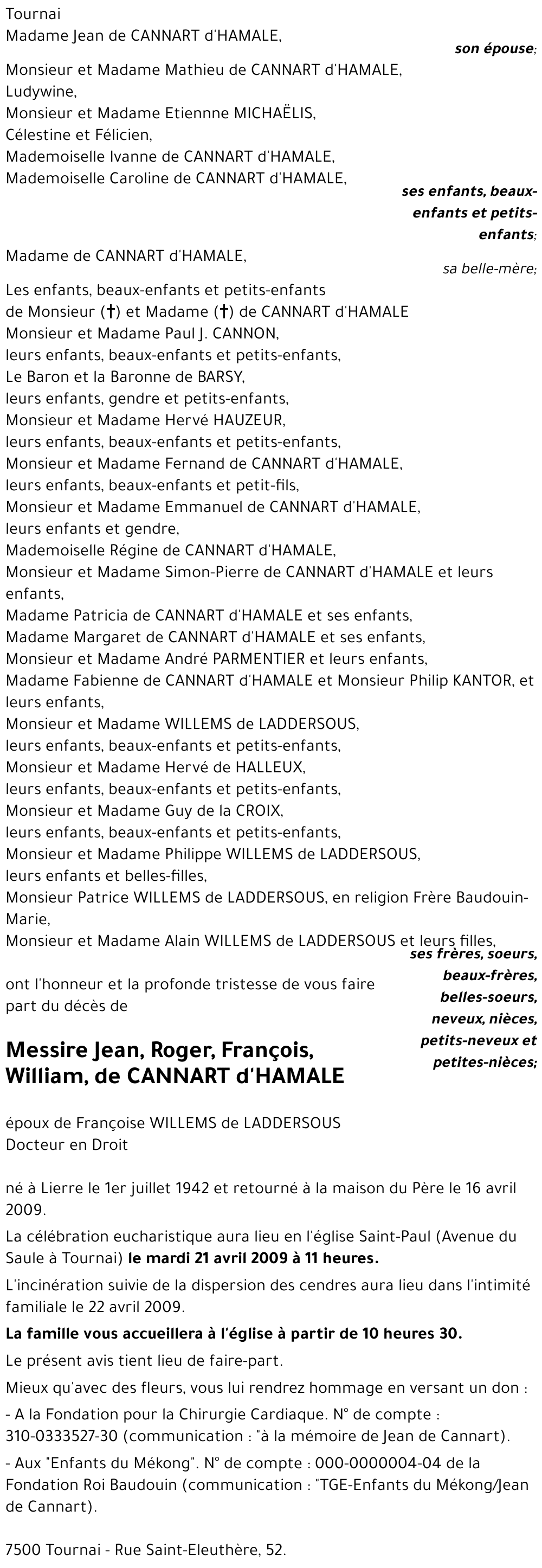 Jean Roger François William de CANNART d'HAMALE