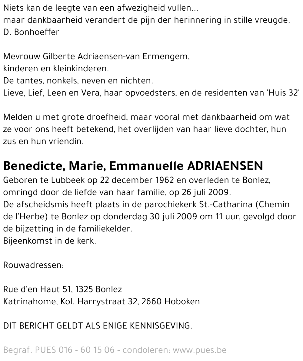 Benedicte, Marie, Emanuelle Adriaensen