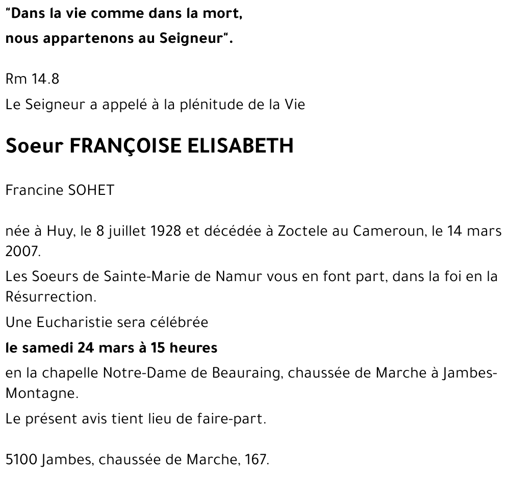 FRANÇOISE ELISABETH Francine SOHET