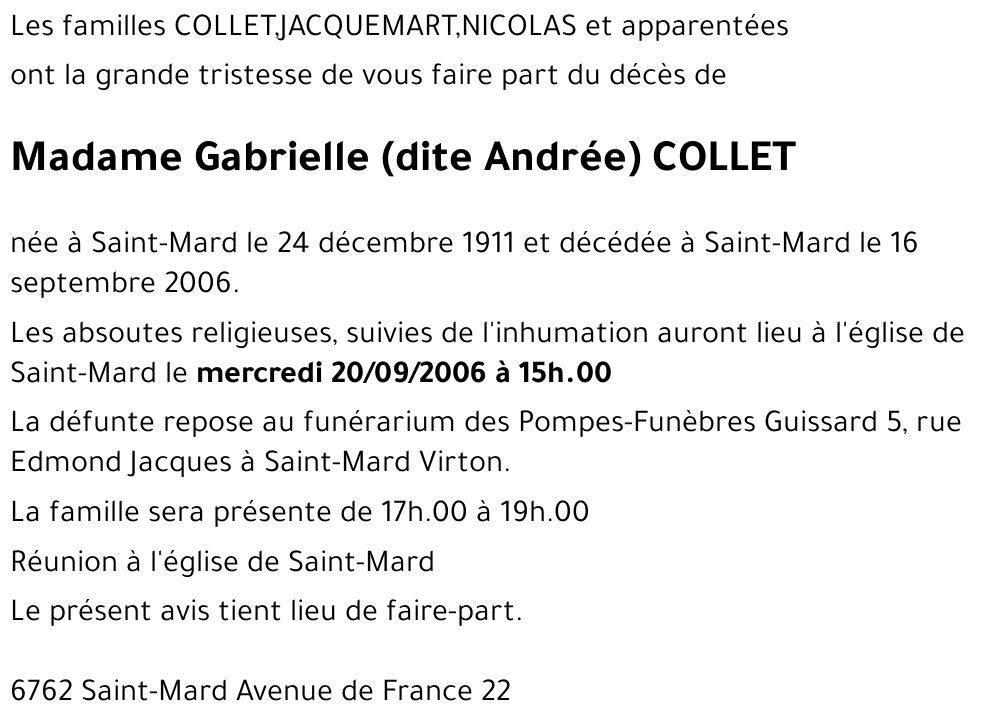 Gabrielle (dite Andrée) COLLET