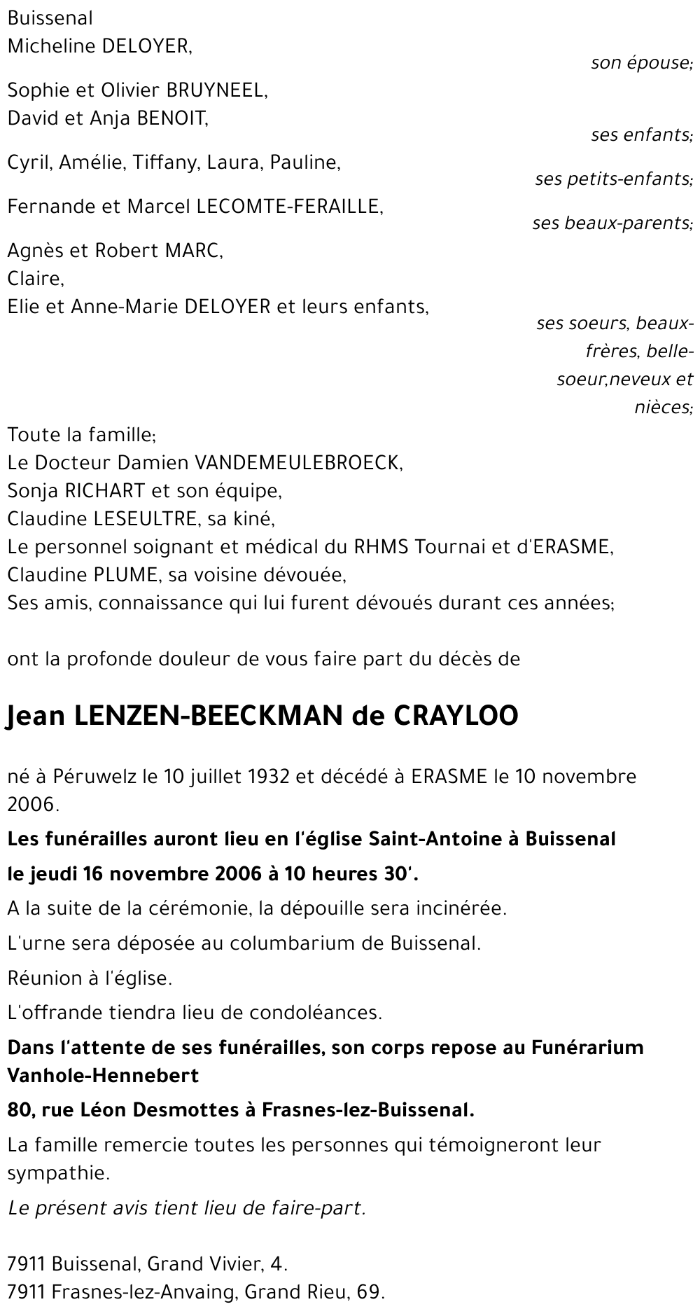 Jean LENZEN-BEECKMAN de CRAYLOO