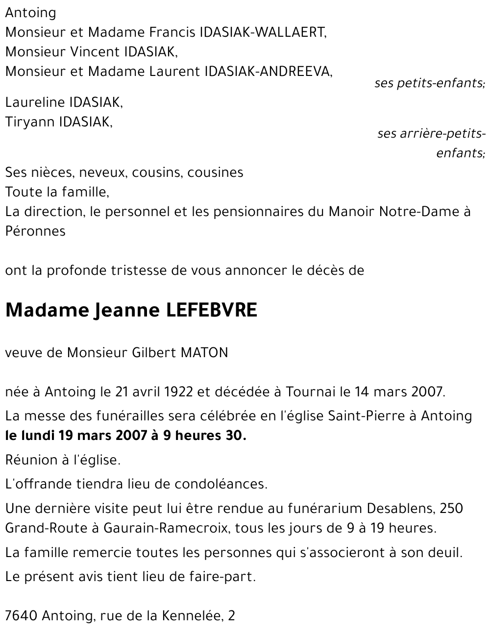 Jeanne LEFEBVRE