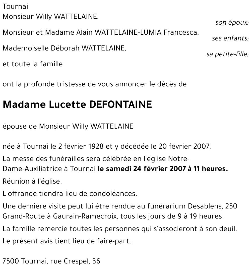 Lucette DEFONTAINE