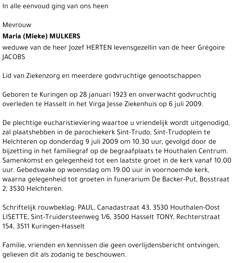 Maria (Mieke) MULKERS